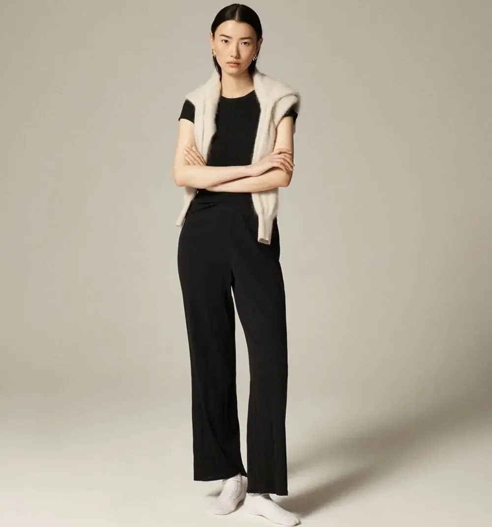 J.Crew Pointelle Pants WMNS XS Black Mid-Rise Drapey Wide Leg Elastic Waistband